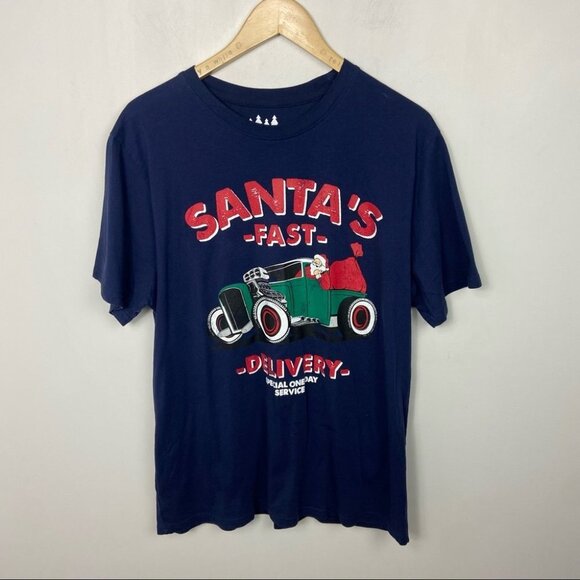 Santa Christmas Blue Short Sleeve Tee Cotton Mens Size Large T-Shirt Novelty L - Picture 8 of 8
